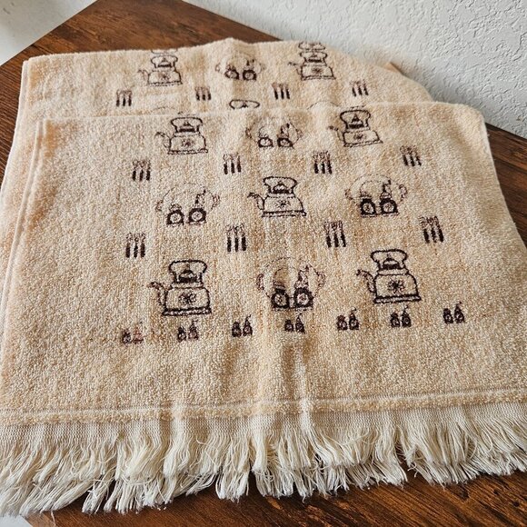 Vintage 70s Pair Set 2 Cannon Beige Tea Coffee Pot Kitchen Hand Towel 22"x15" - Picture 1 of 6